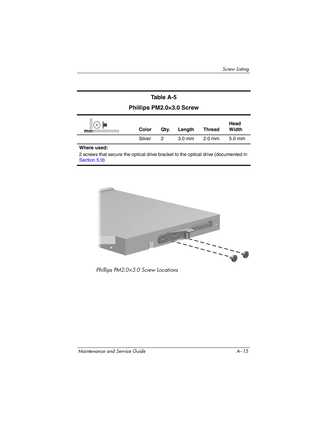 Compaq 407511-002 manual Table A-5 Phillips PM2.0×3.0 Screw, Color Qty Length Thread Width Silver Where used 