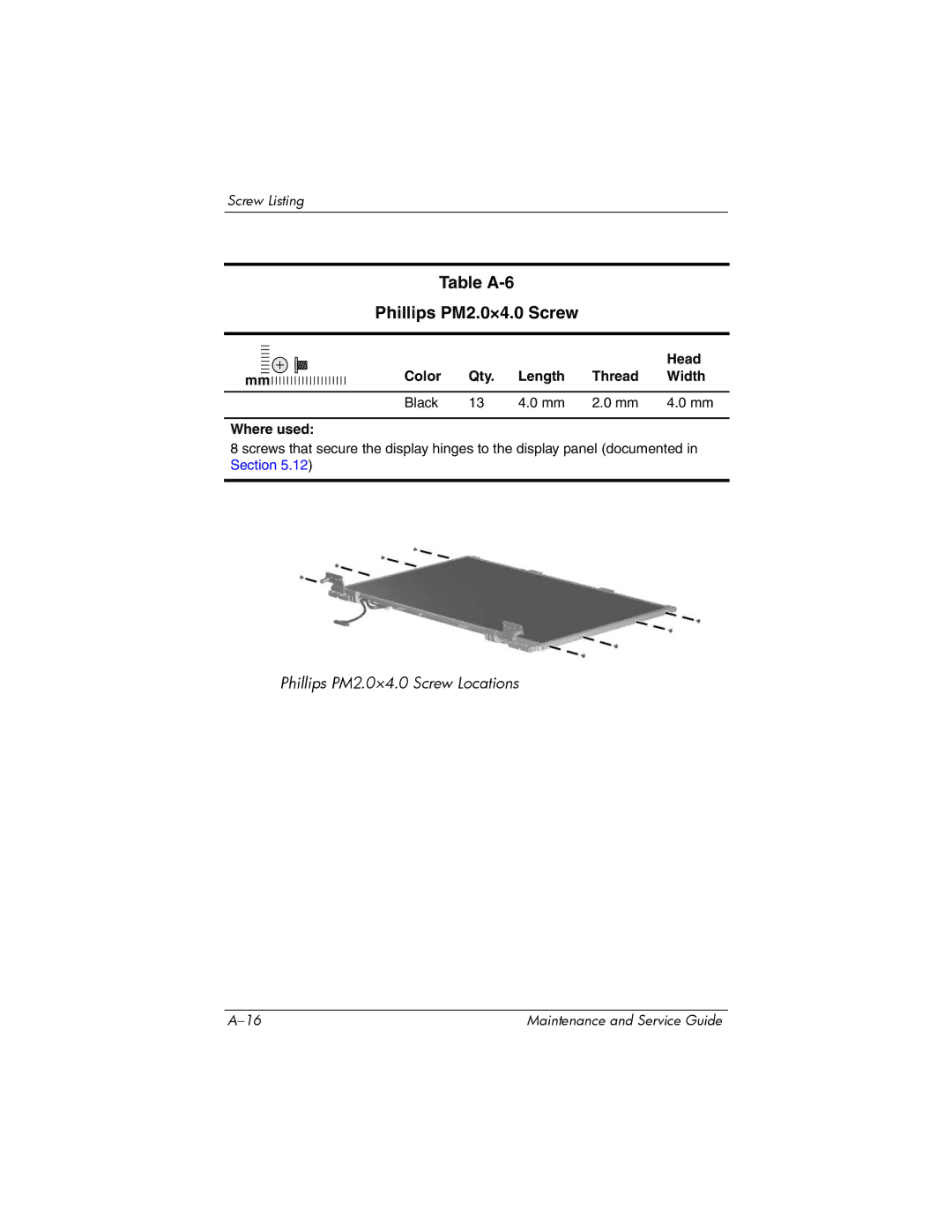 Compaq 407511-002 manual Table A-6 Phillips PM2.0×4.0 Screw 