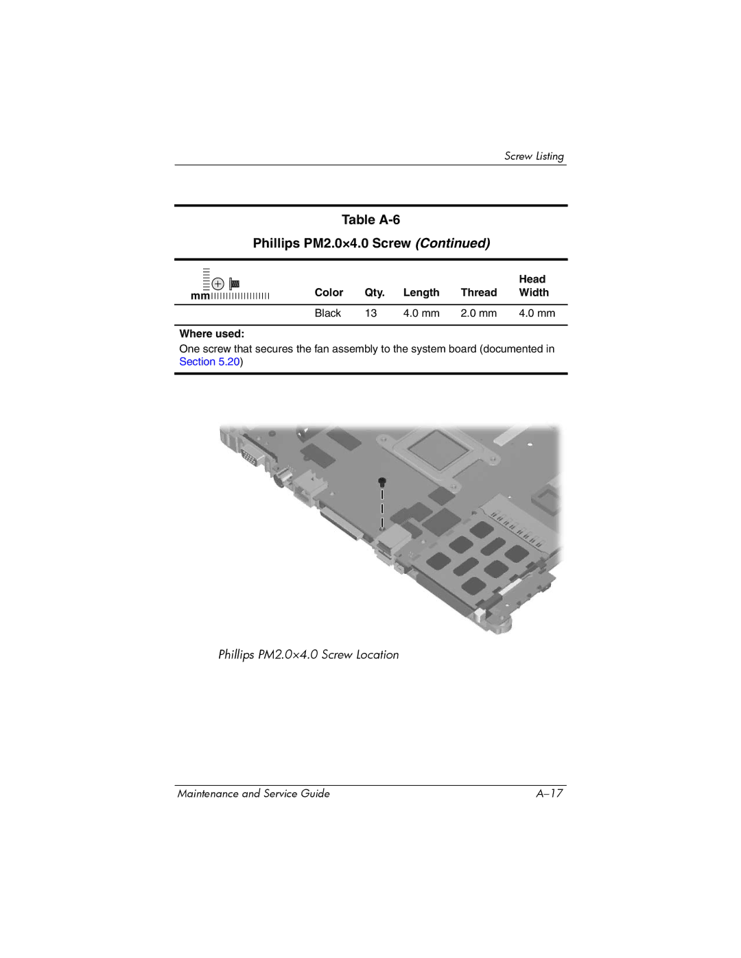 Compaq 407511-002 manual Phillips PM2.0×4.0 Screw Location 