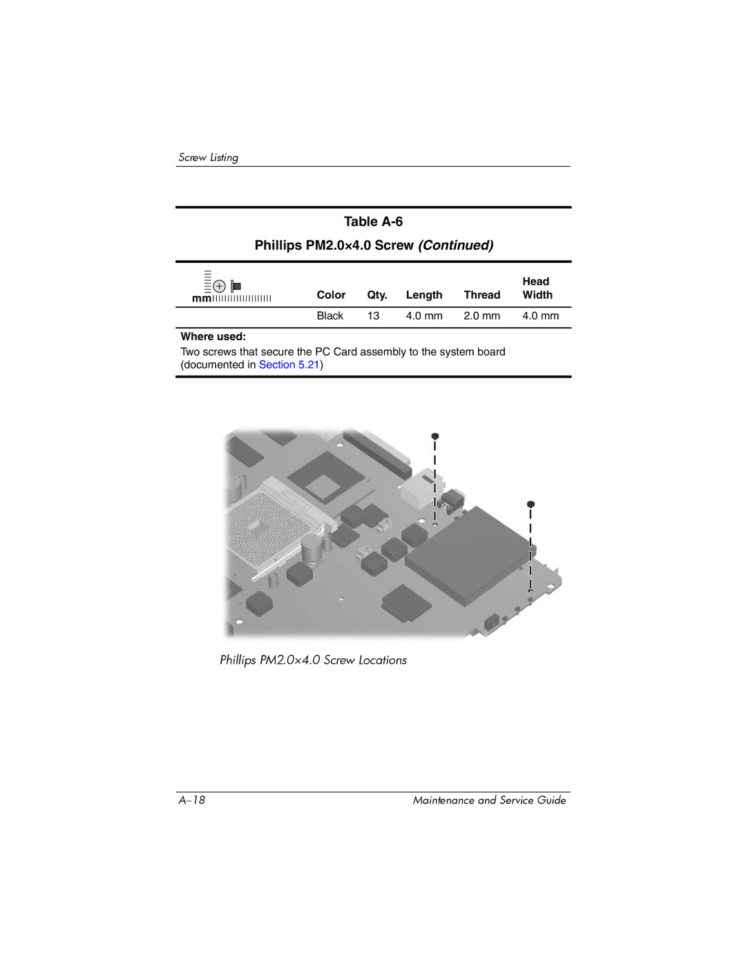 Compaq 407511-002 manual Table A-6 Phillips PM2.0×4.0 Screw 