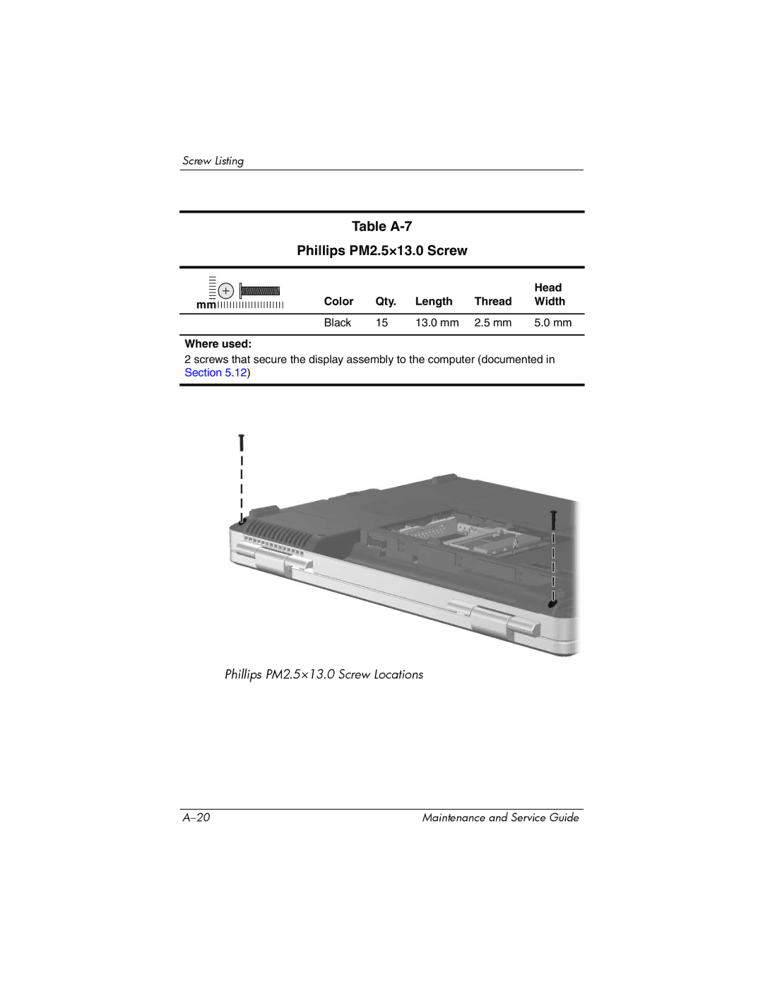 Compaq 407511-002 manual Table A-7 Phillips PM2.5×13.0 Screw, Color Qty Length Thread Width Black 13.0 mm Where used 