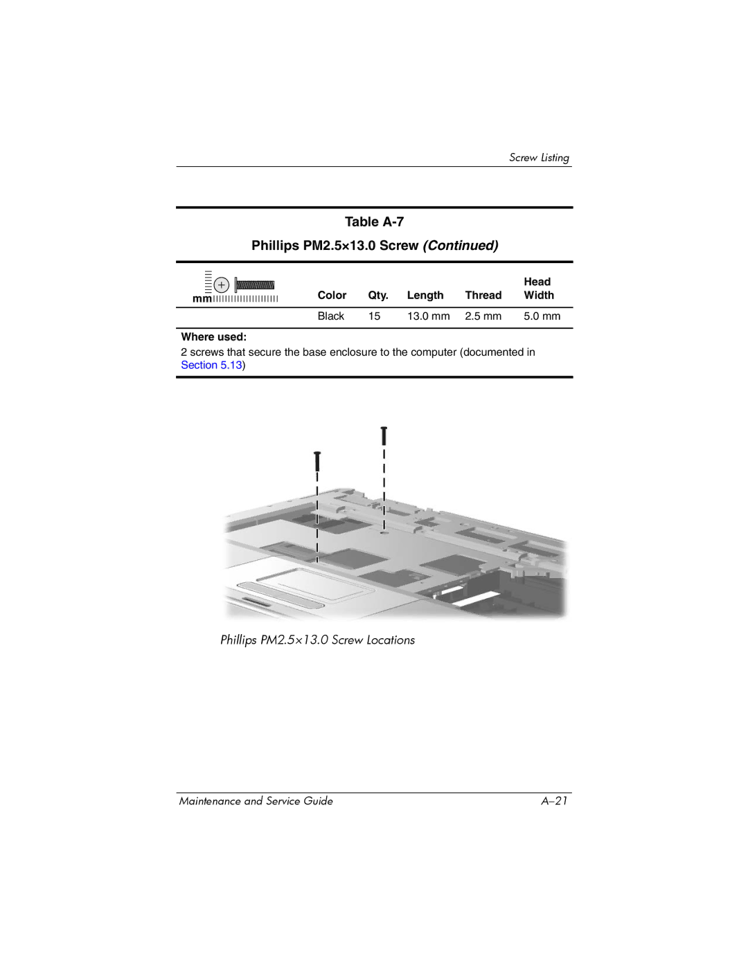 Compaq 407511-002 manual Table A-7 Phillips PM2.5×13.0 Screw 