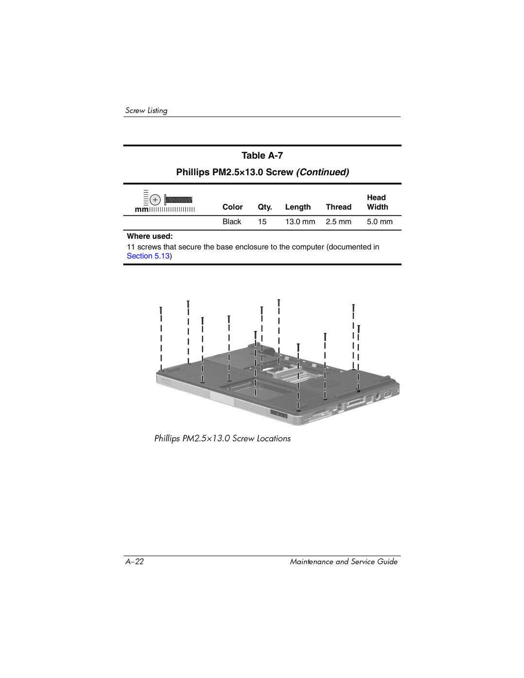 Compaq 407511-002 manual Table A-7 Phillips PM2.5×13.0 Screw 