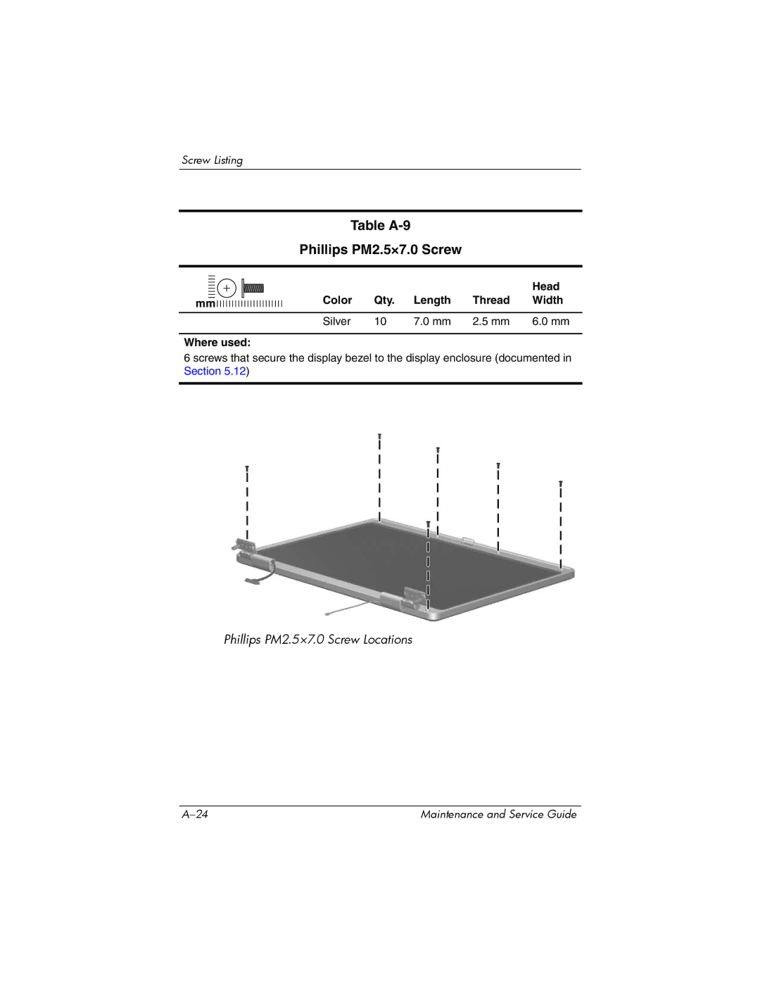 Compaq 407511-002 manual Table A-9 Phillips PM2.5×7.0 Screw, Color Qty Length Thread Width Silver Where used 