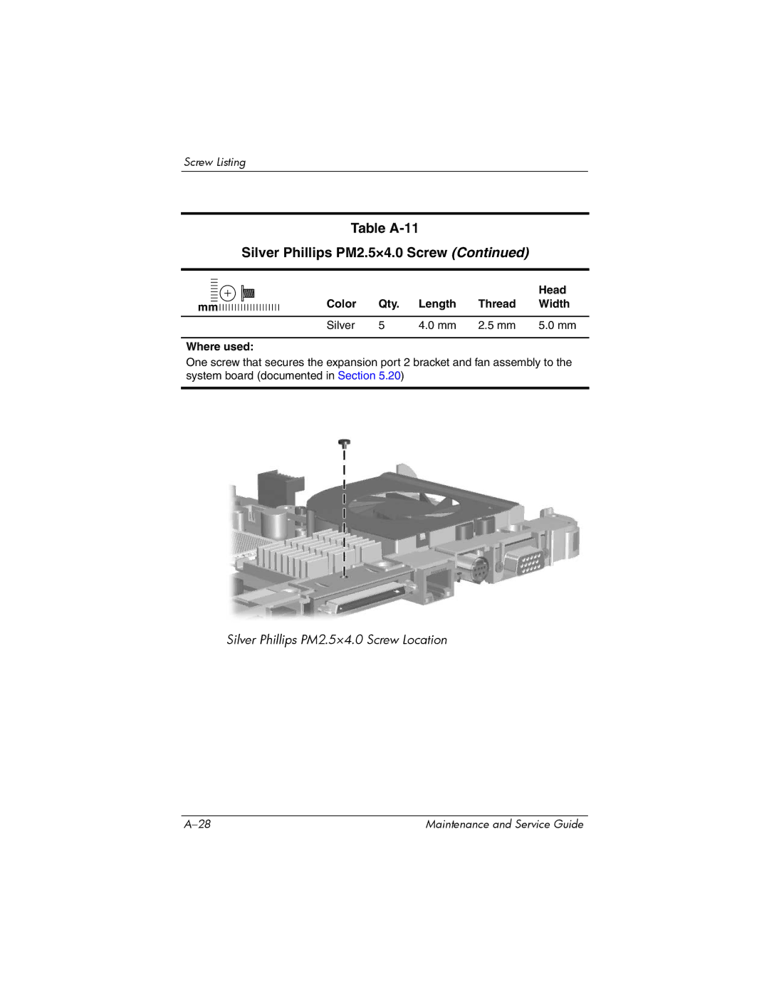 Compaq 407511-002 manual Silver Phillips PM2.5×4.0 Screw Location 