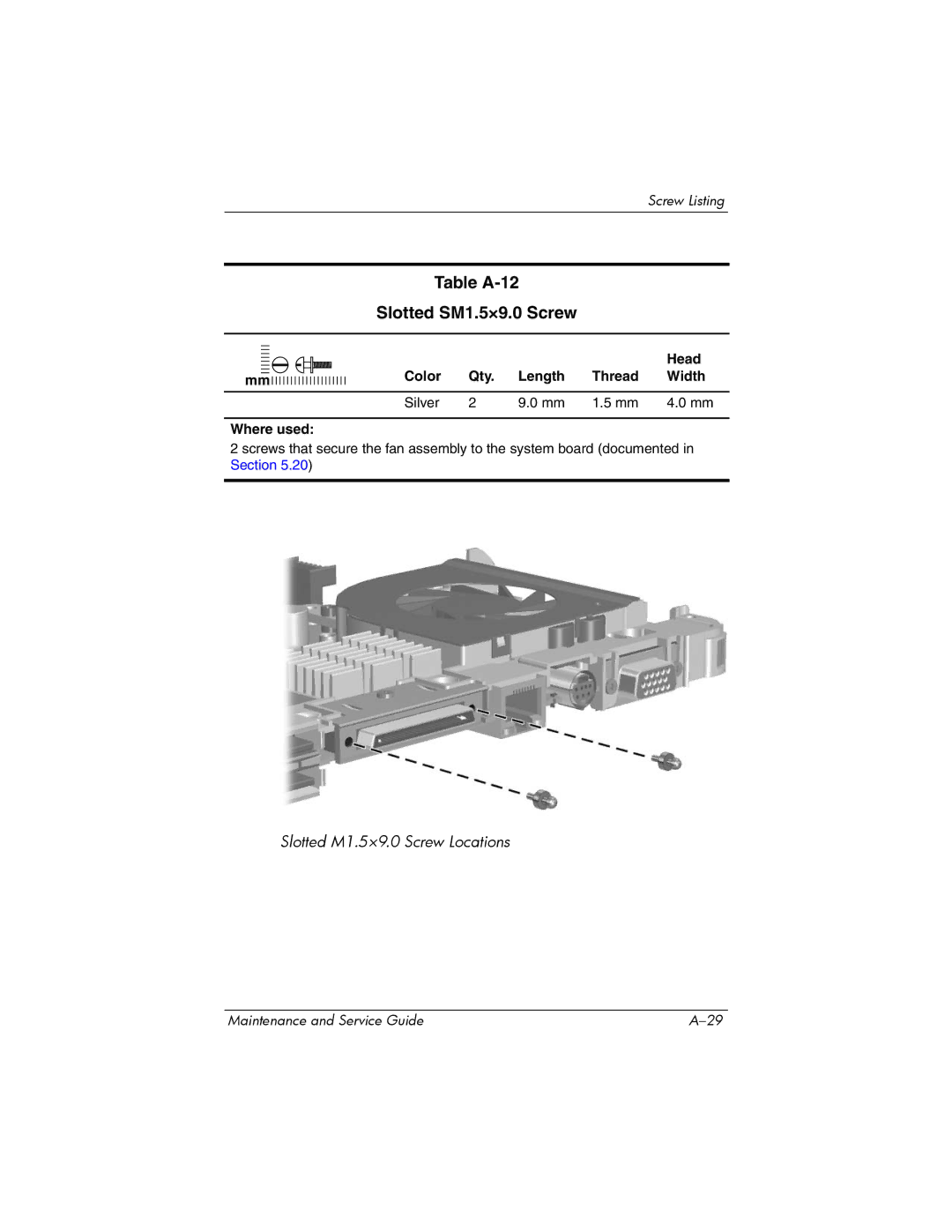 Compaq 407511-002 manual Table A-12 Slotted SM1.5×9.0 Screw 