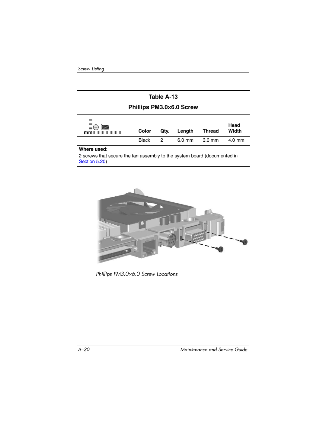 Compaq 407511-002 manual Table A-13 Phillips PM3.0×6.0 Screw, Color Qty Length Thread Width Black Where used 