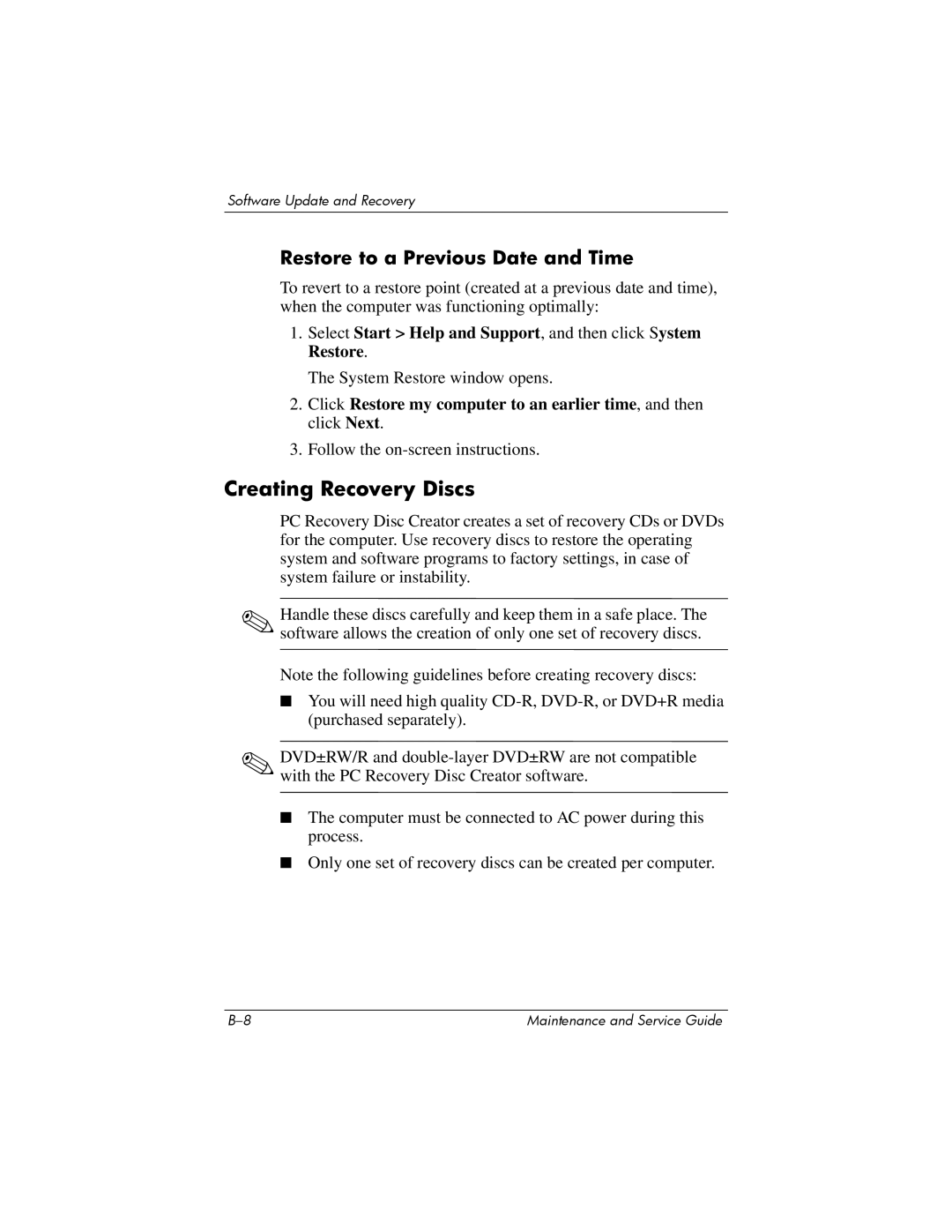 Compaq 407511-002 manual Creating Recovery Discs, Restore to a Previous Date and Time 