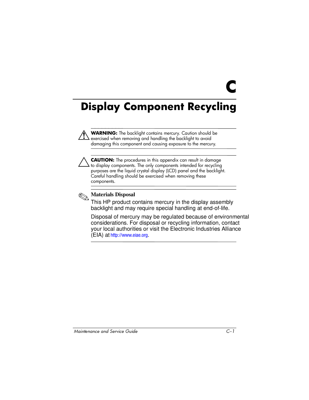 Compaq 407511-002 manual Display Component Recycling 