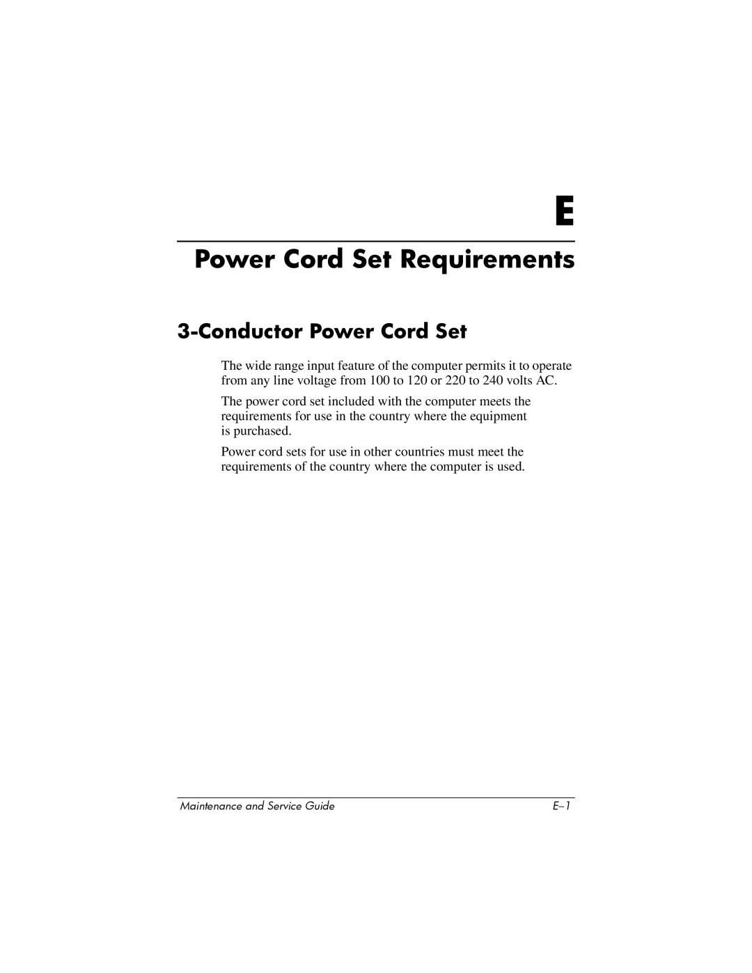 Compaq 407511-002 manual Power Cord Set Requirements, Conductor Power Cord Set 