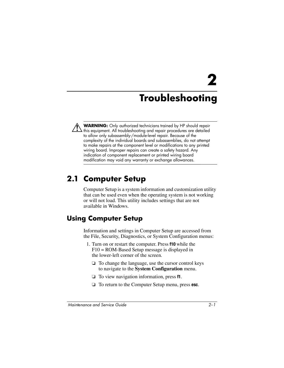 Compaq 407511-002 manual Troubleshooting, Computer Setup 