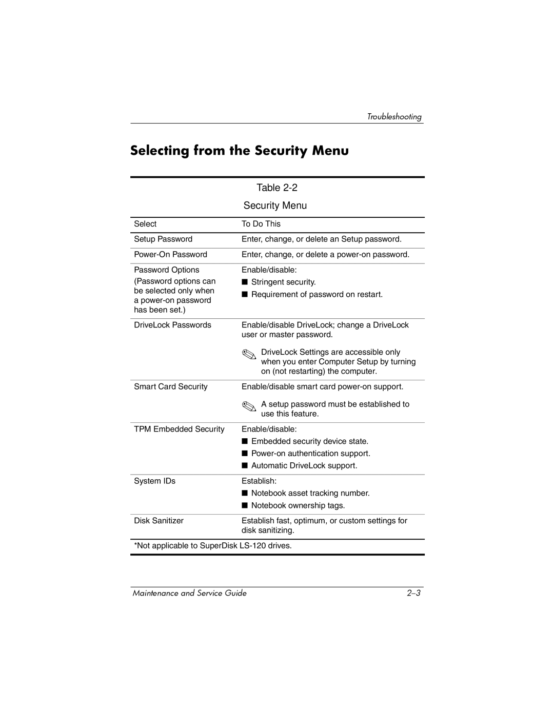 Compaq 407511-002 manual Selecting from the Security Menu 