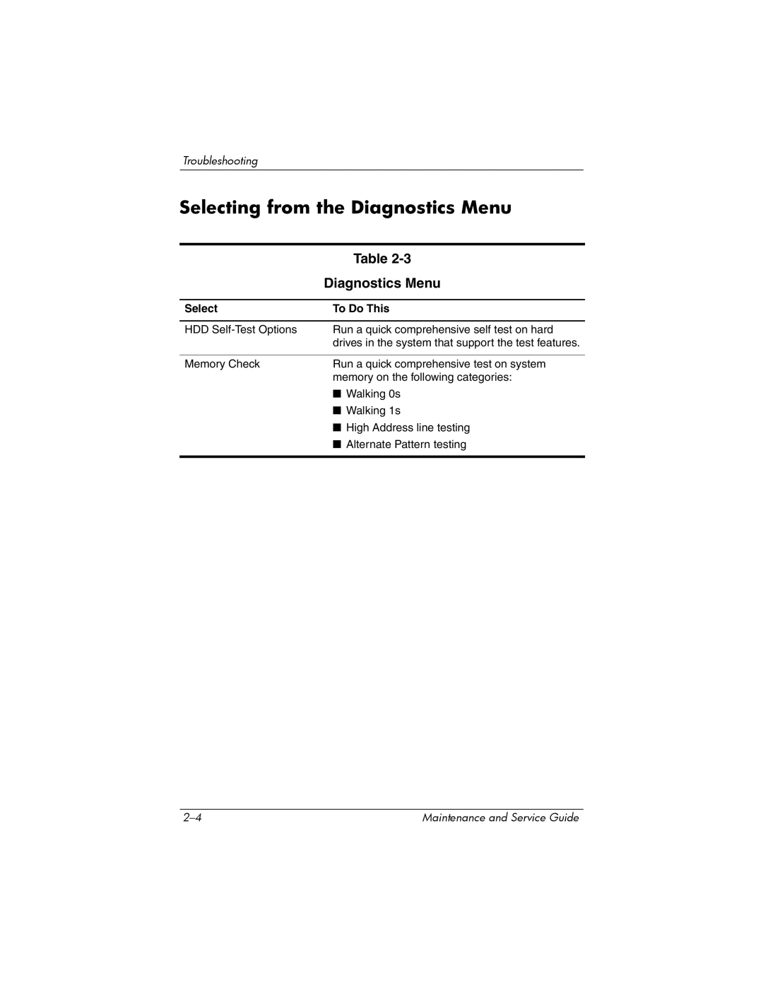 Compaq 407511-002 manual Selecting from the Diagnostics Menu 