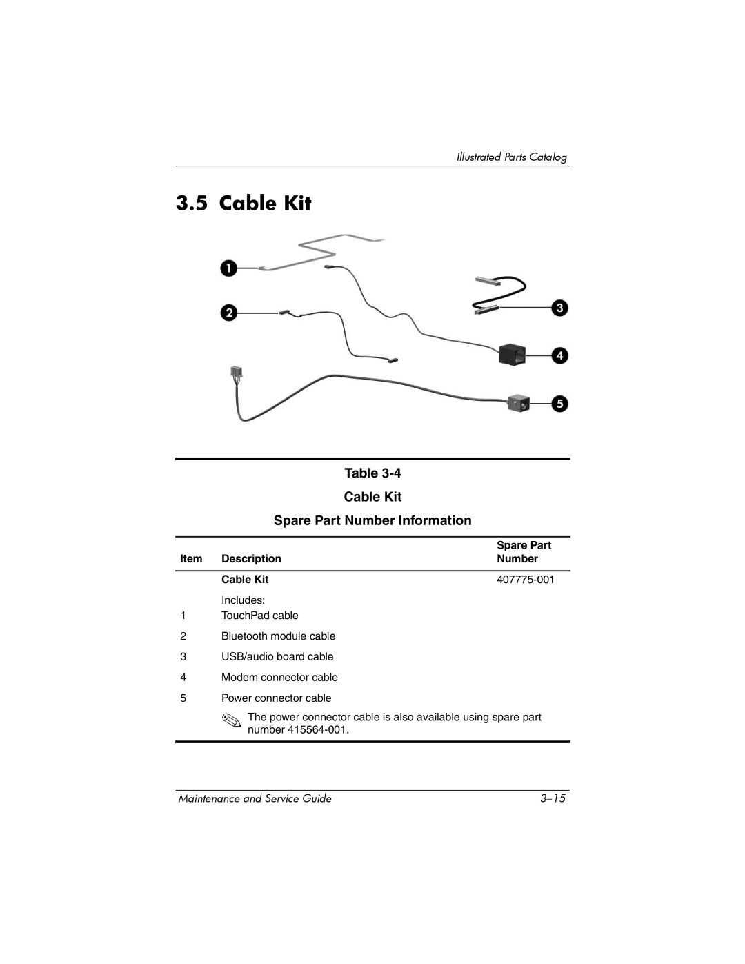 Compaq 407511-002 manual Cable Kit Spare Part Number Information, Item Description Number Cable Kit 407775-001 