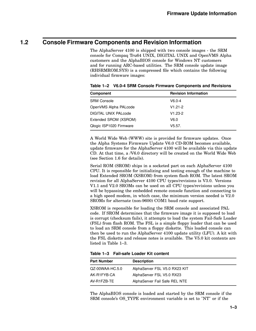 Compaq 4100 Console Firmware Components and Revision Information, Component Revision Information, Part Number Description 