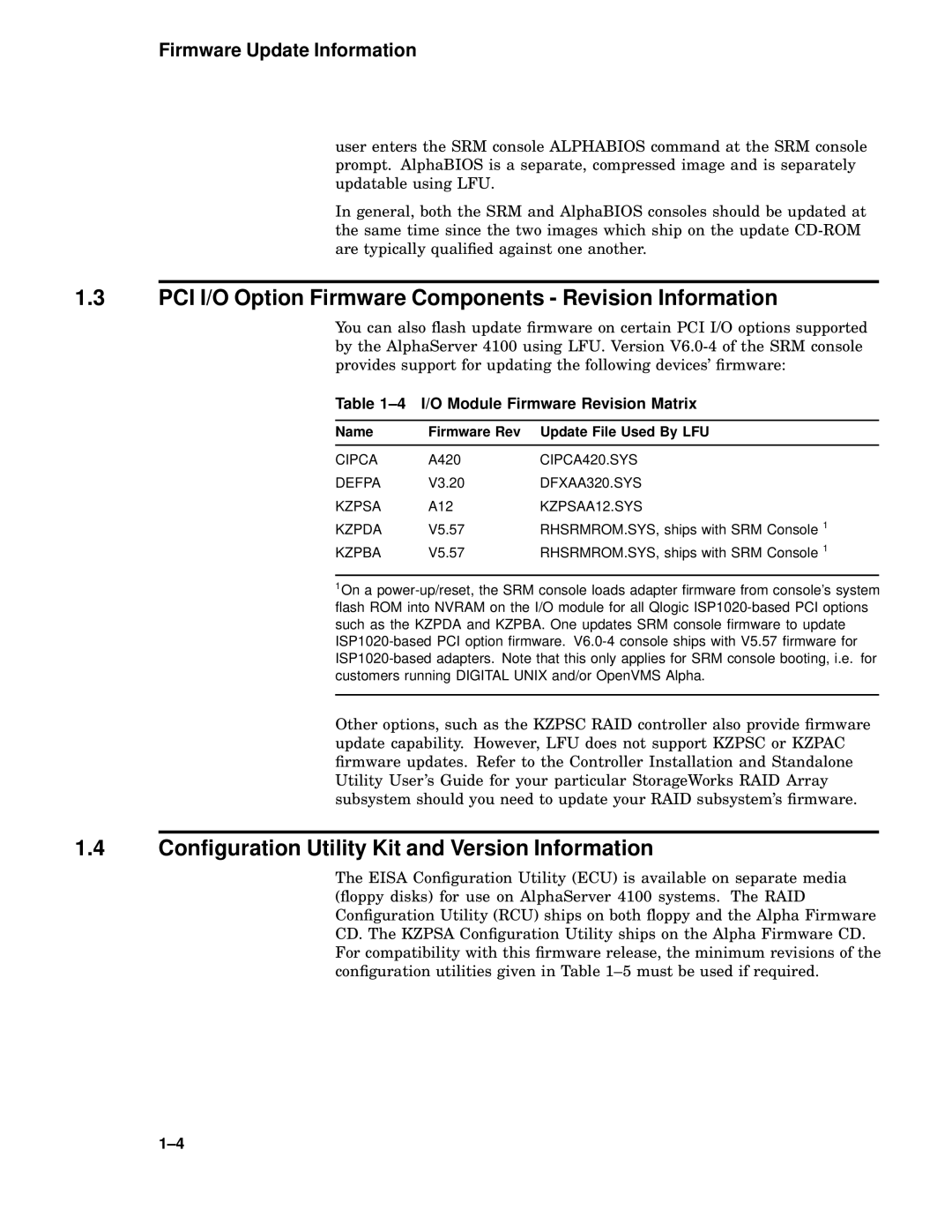 Compaq 4100 PCI I/O Option Firmware Components Revision Information, Conﬁguration Utility Kit and Version Information 