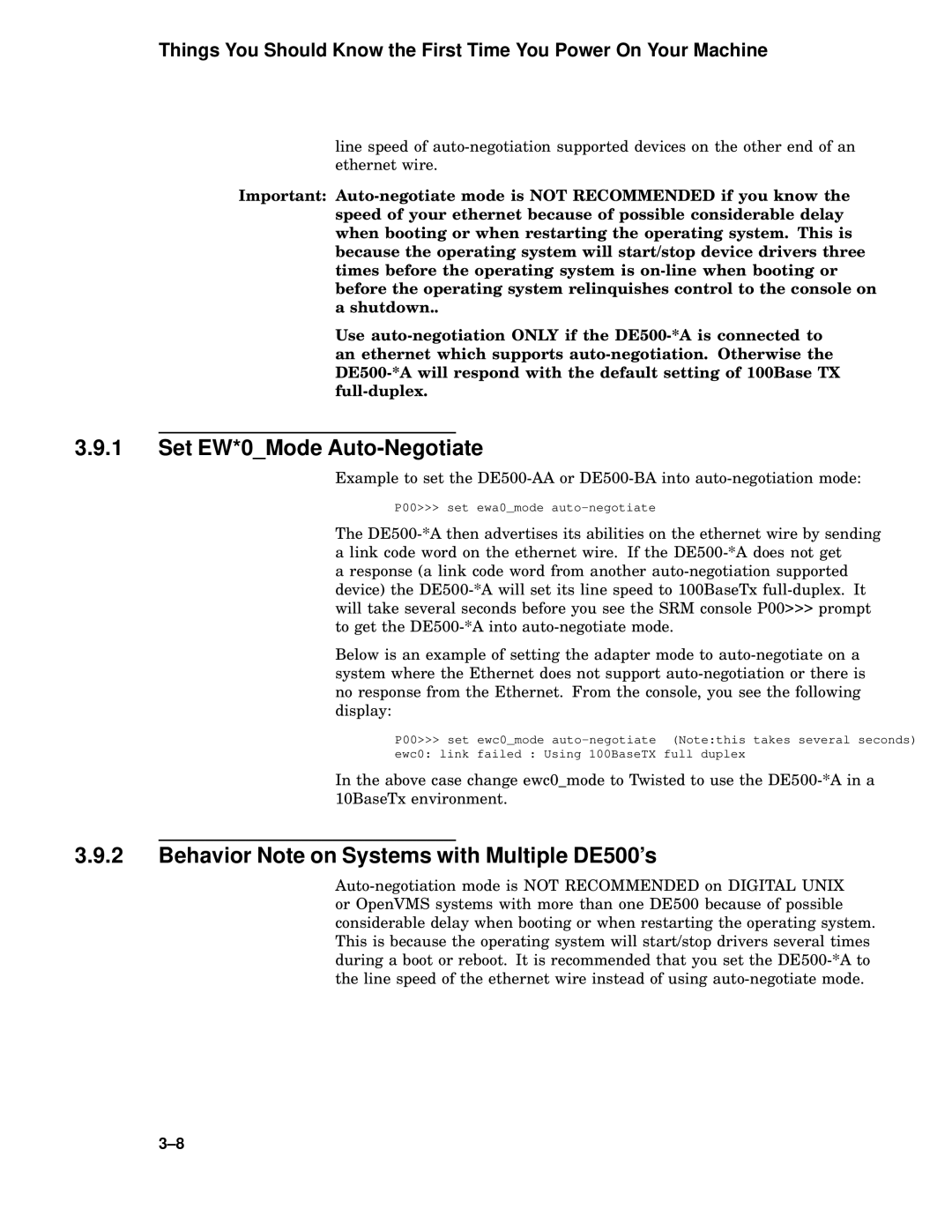 Compaq 4100 manual Set EW*0Mode Auto-Negotiate, Behavior Note on Systems with Multiple DE500’s 