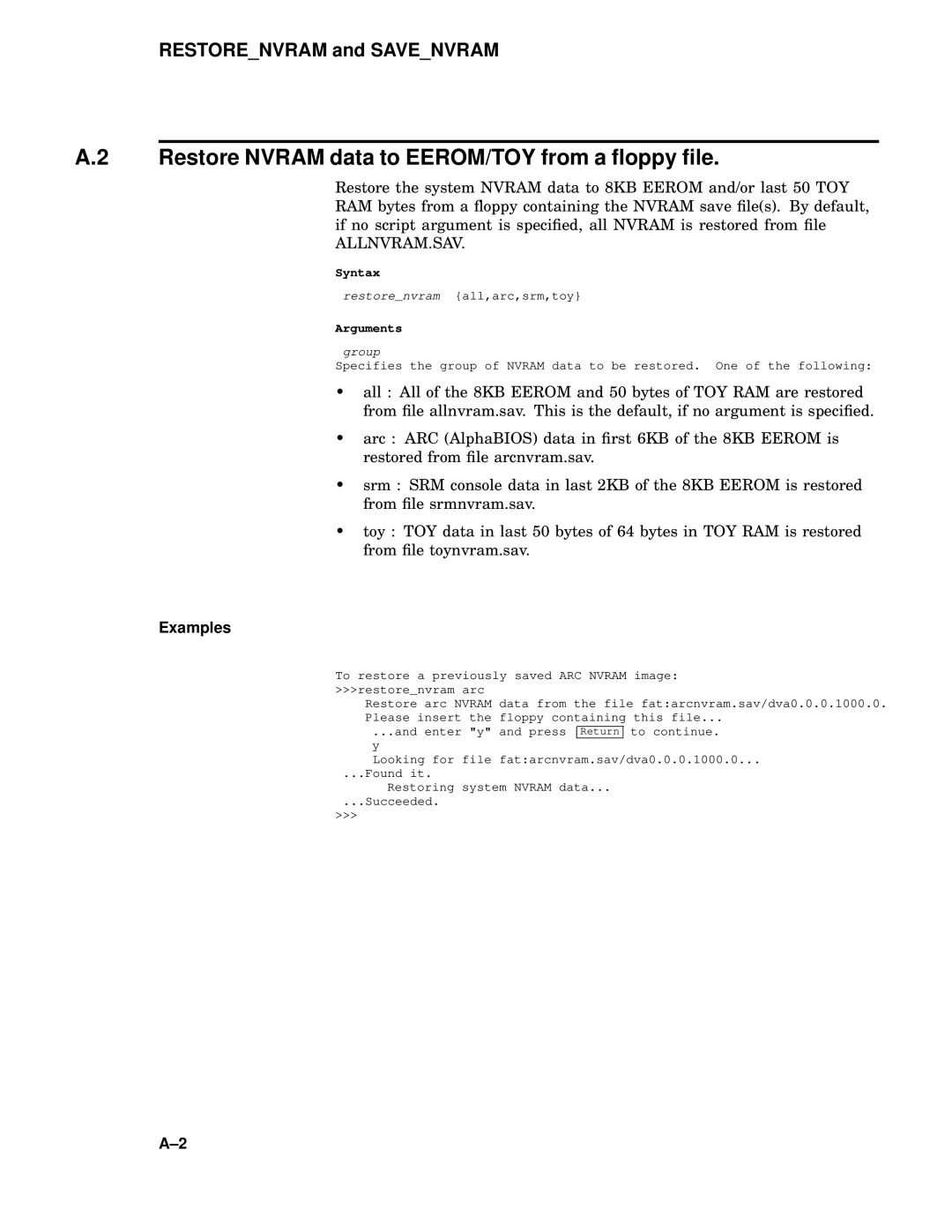 Compaq 4100 manual Restore Nvram data to EEROM/TOY from a ﬂoppy ﬁle, Allnvram.Sav 