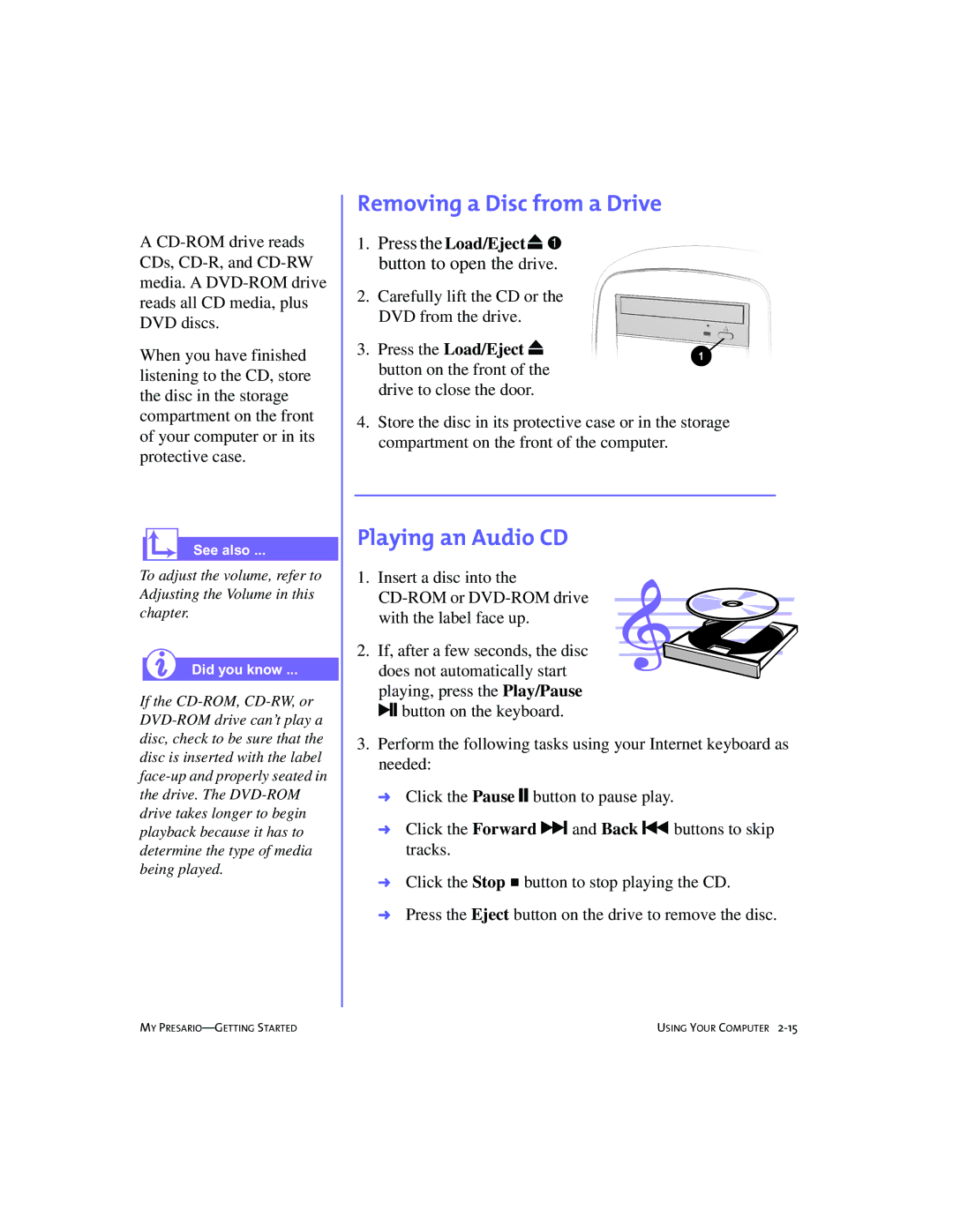 Compaq 4103TH manual Removing a Disc from a Drive, Playing an Audio CD 