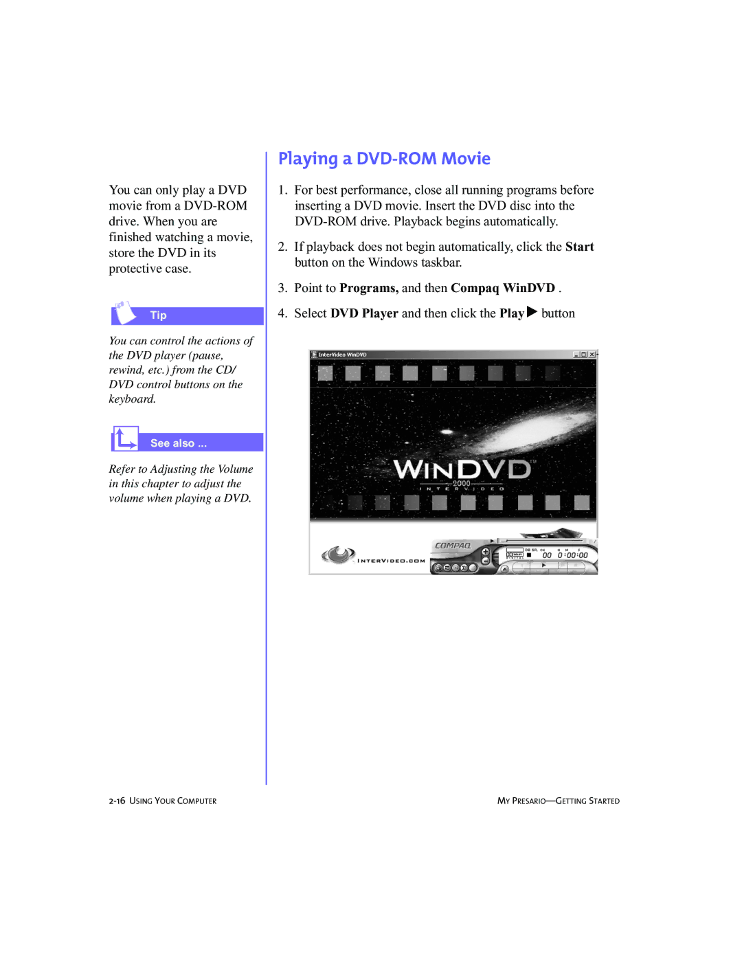 Compaq 4103TH manual Playing a DVD-ROM Movie, Point to Programs, and then Compaq WinDVD 