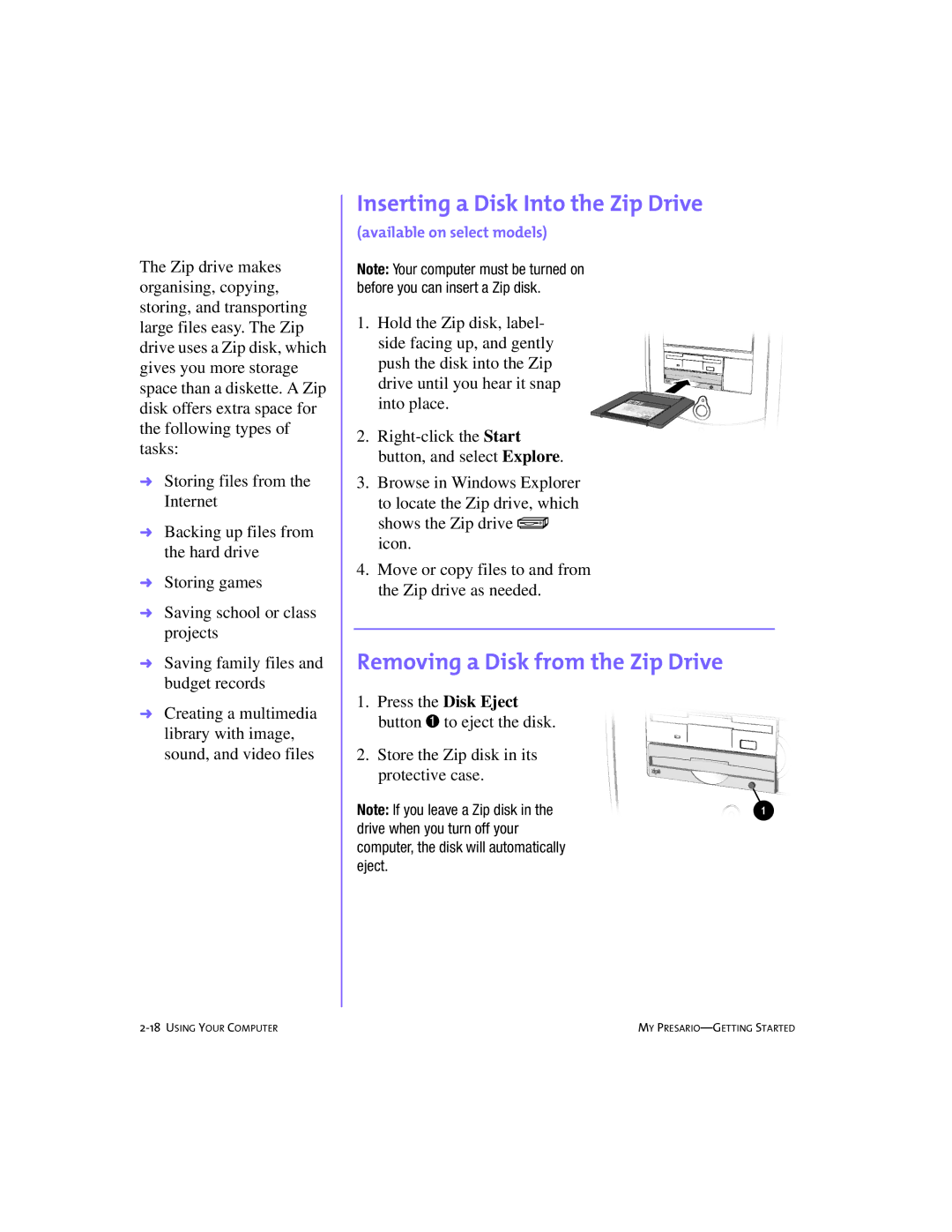 Compaq 4103TH manual Inserting a Disk Into the Zip Drive, Removing a Disk from the Zip Drive 