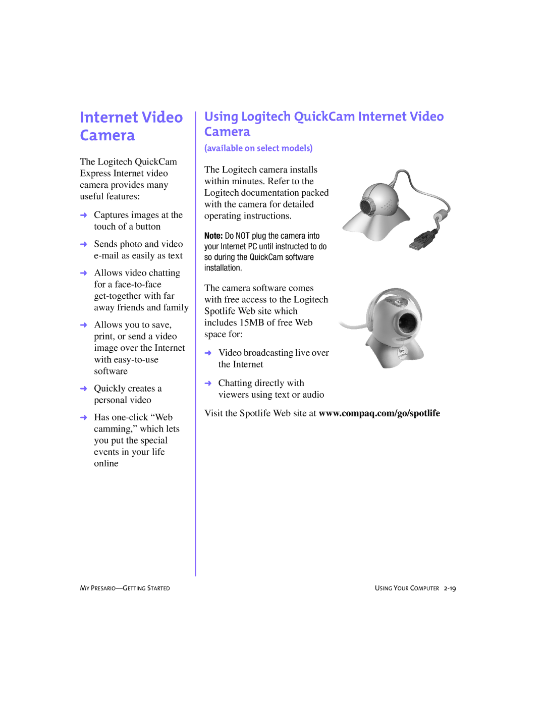 Compaq 4103TH manual Using Logitech QuickCam Internet Video Camera 