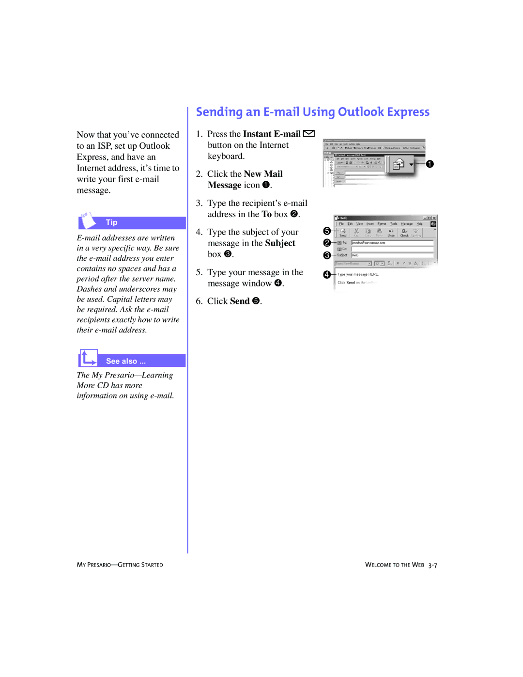 Compaq 4103TH manual Sending an E-mail Using Outlook Express, Press the Instant E-mail ƒ button on the Internet keyboard 