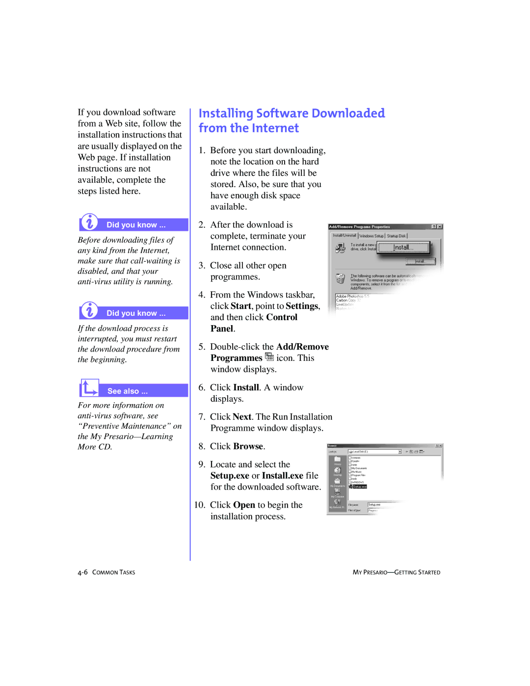 Compaq 4103TH manual Installing Software Downloaded from the Internet 