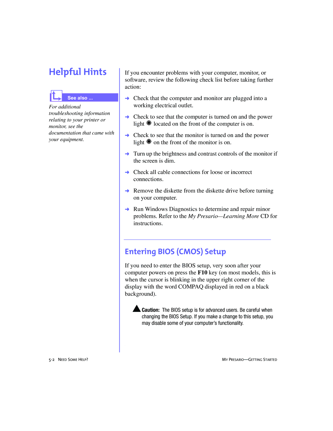 Compaq 4103TH manual Helpful Hints, Entering Bios Cmos Setup 