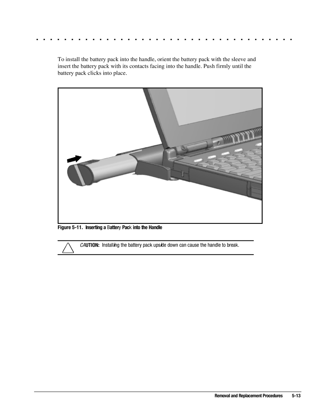 Compaq 4131T, 4130T, 4150T, 4140T, 4200, 4125T, 4160T SLIMLINE, 4120, 4125D, 4115 manual Inserting a Battery Pack into the Handle 