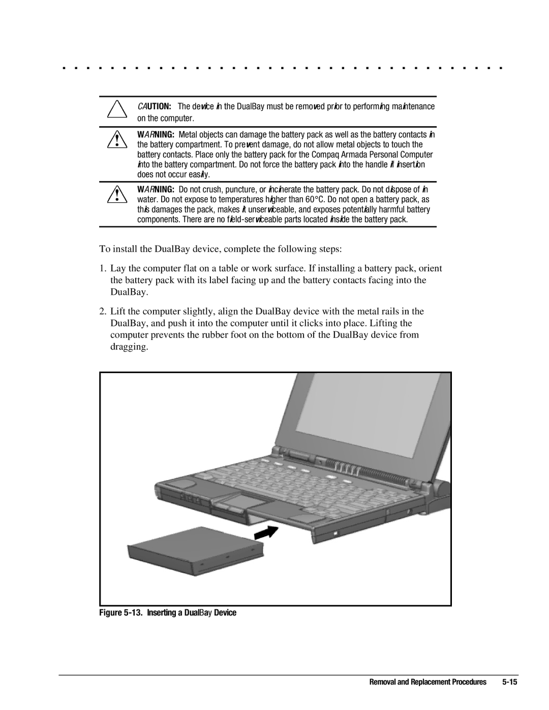 Compaq 4125T, 4130T, 4150T, 4140T, 4131T, 4200, 4160T SLIMLINE, 4125D, 4115, 4120T, 4110D manual Inserting a DualBay Device 