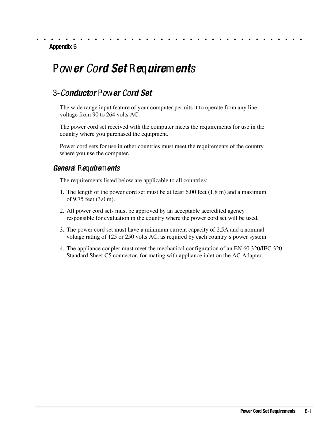 Compaq 4131T, 4130T, 4150T, 4140T, 4200, 4125T, 4160T SLIMLINE Conductor Power Cord Set, General Requirements, Appendix B 