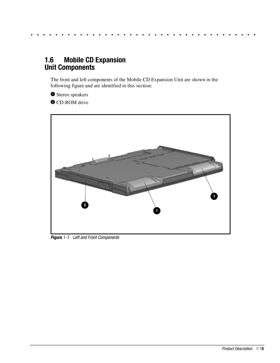 Compaq 4120, 4130T, 4150T, 4140T, 4131T, 4200, 4125T, 4160T, 4125D Mobile CD Expansion Unit Components, Left and Front Components 