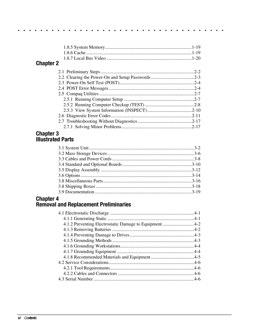 Compaq 4131T, 4130T, 4150T, 4140T Chapter Illustrated Parts, Chapter Removal and Replacement Preliminaries, Vi Contents 