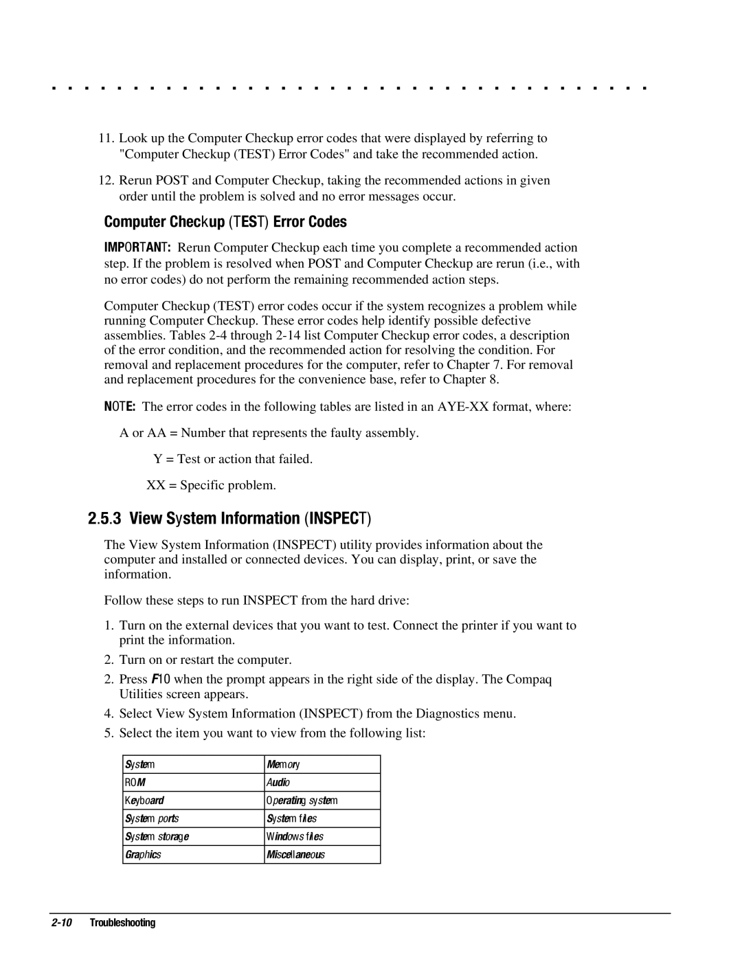 Compaq 4125D, 4130T, 4150T, 4140T View System Information Inspect, Computer Checkup Test Error Codes, System Memory, Audio 