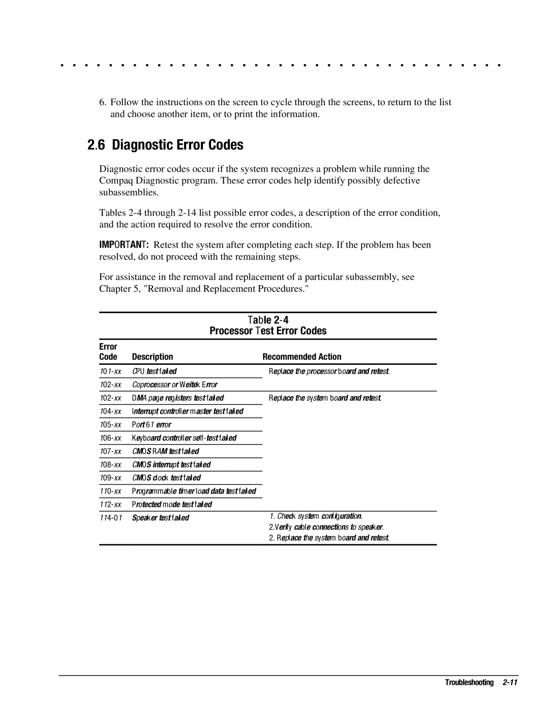 Compaq 4115, 4130T, 4150T Diagnostic Error Codes, Processor Test Error Codes, Error Code Description Recommended Action 