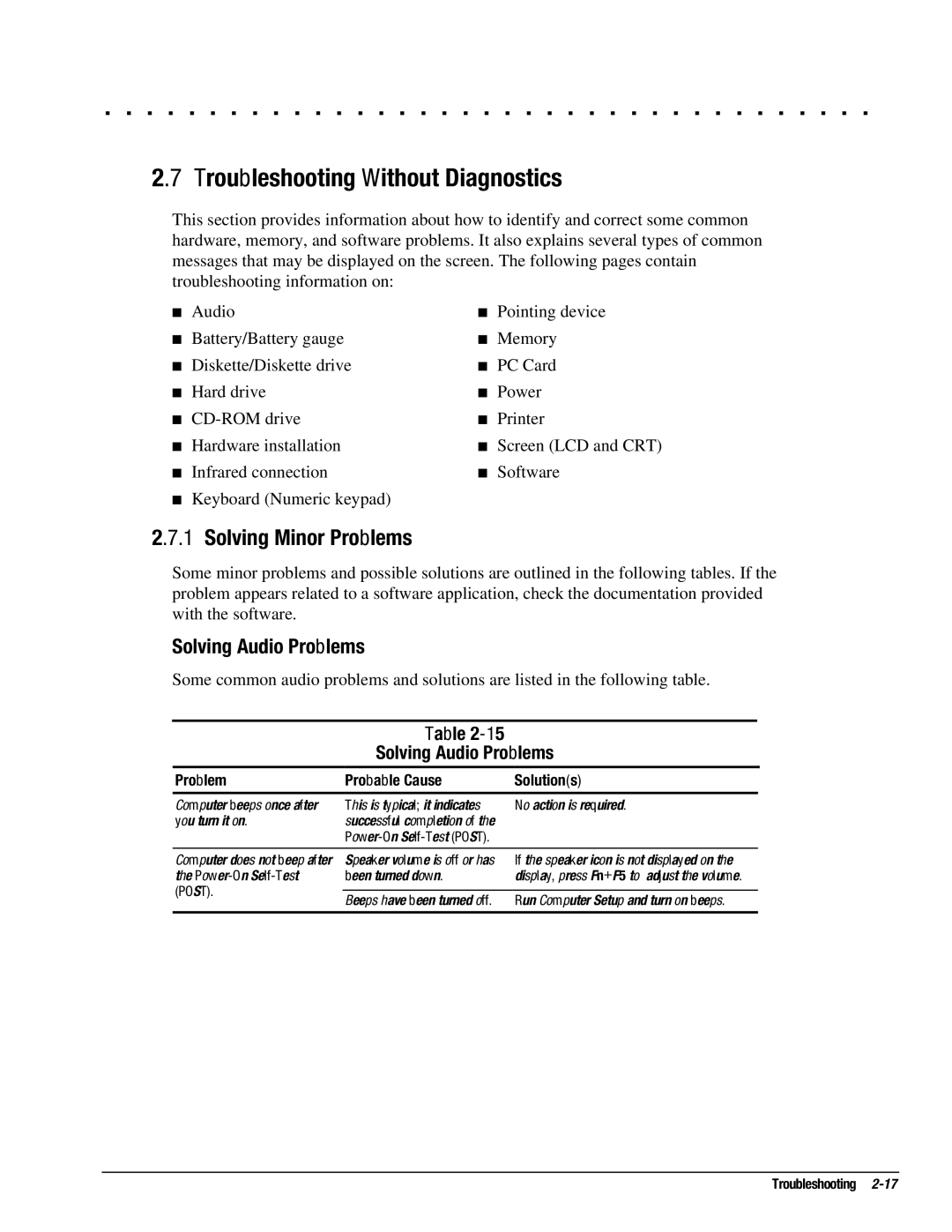 Compaq 4131T, 4130T, 4150T, 4140T, 4200 Troubleshooting Without Diagnostics, Solving Minor Problems, Solving Audio Problems 