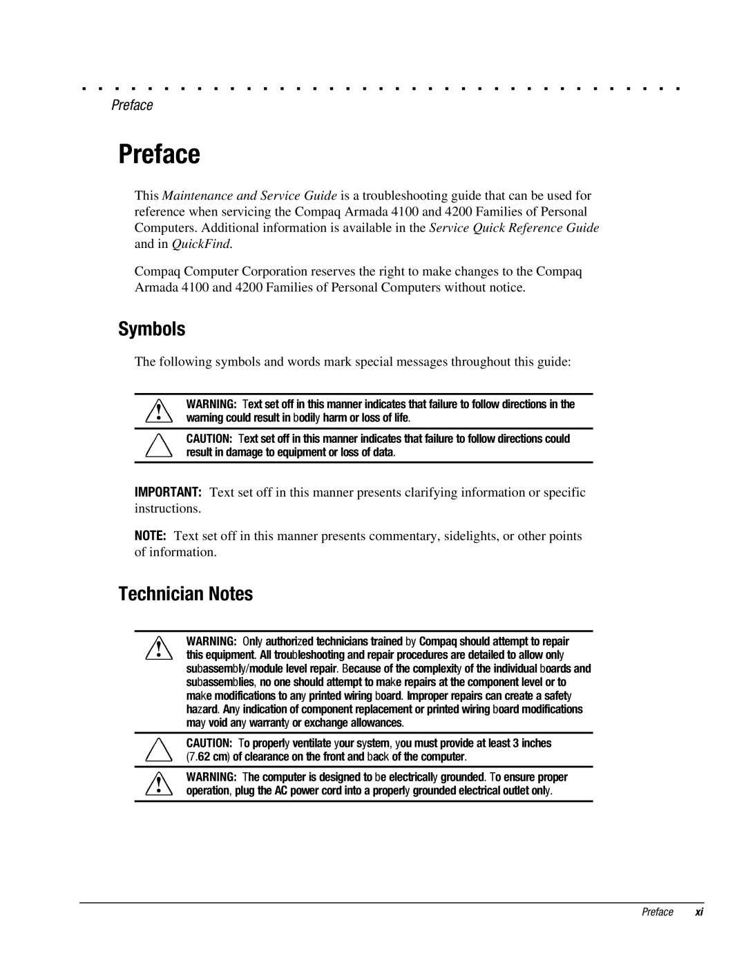 Compaq 4130T, 4150T, 4140T, 4131T, 4200, 4125T, 4160T SLIMLINE, 4125D, 4115, 4120T Symbols, Technician Notes, Preface 