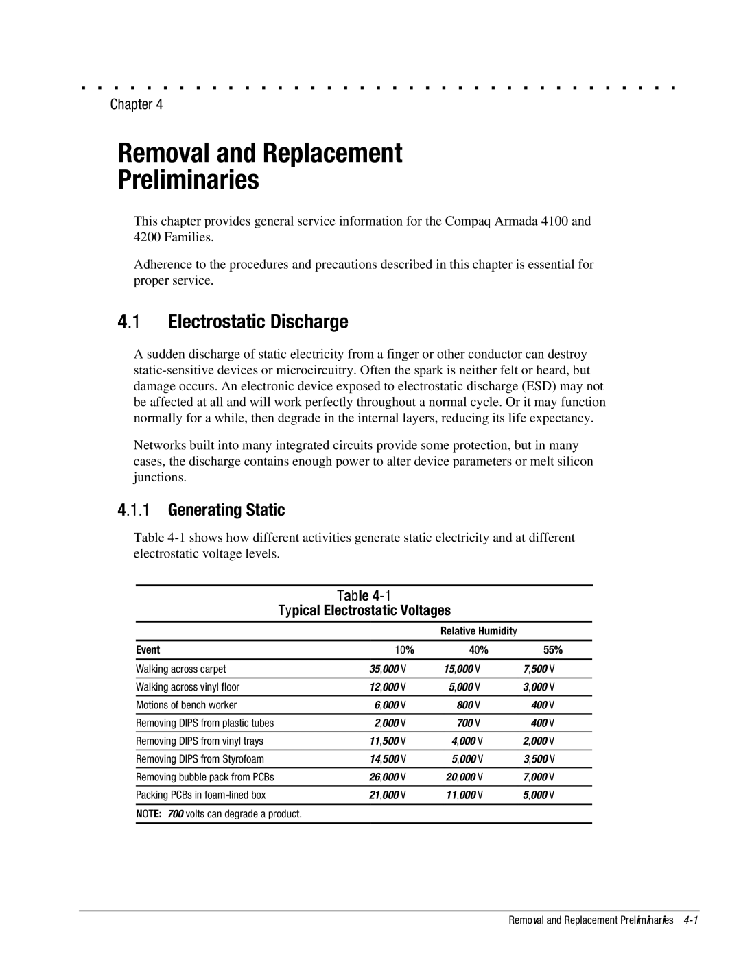 Compaq 4110D, 4130T, 4150T, 4140T, 4131T, 4200, 4120 Electrostatic Discharge, Generating Static, Typical Electrostatic Voltages 