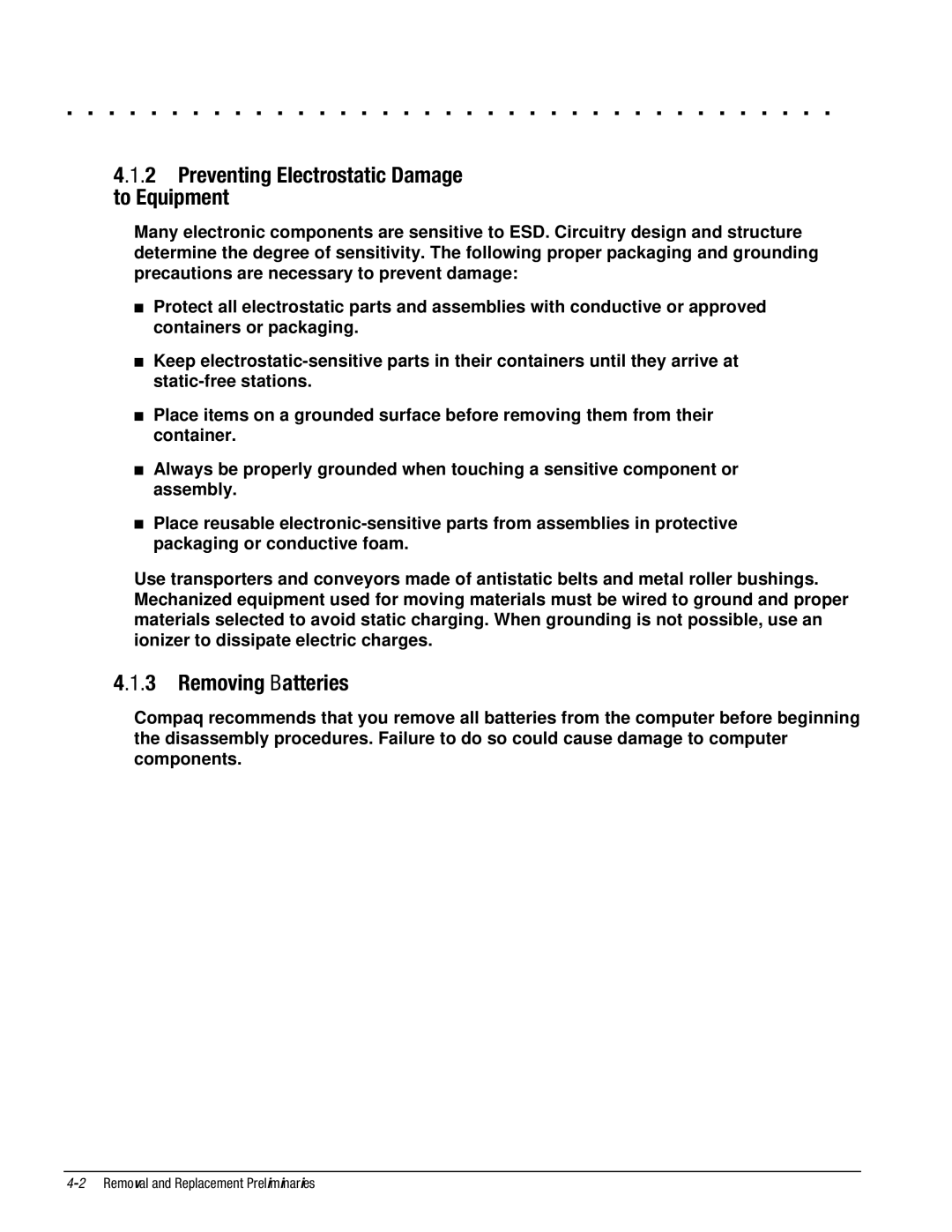 Compaq 4130T, 4150T, 4140T, 4131T, 4200, 4125T, 4160T, 4120 Preventing Electrostatic Damage to Equipment, Removing Batteries 