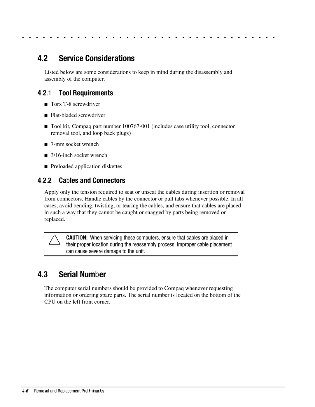 Compaq 4200, 4130T, 4150T, 4140T, 4131T, 4125T Service Considerations, Serial Number, Tool Requirements, Cables and Connectors 