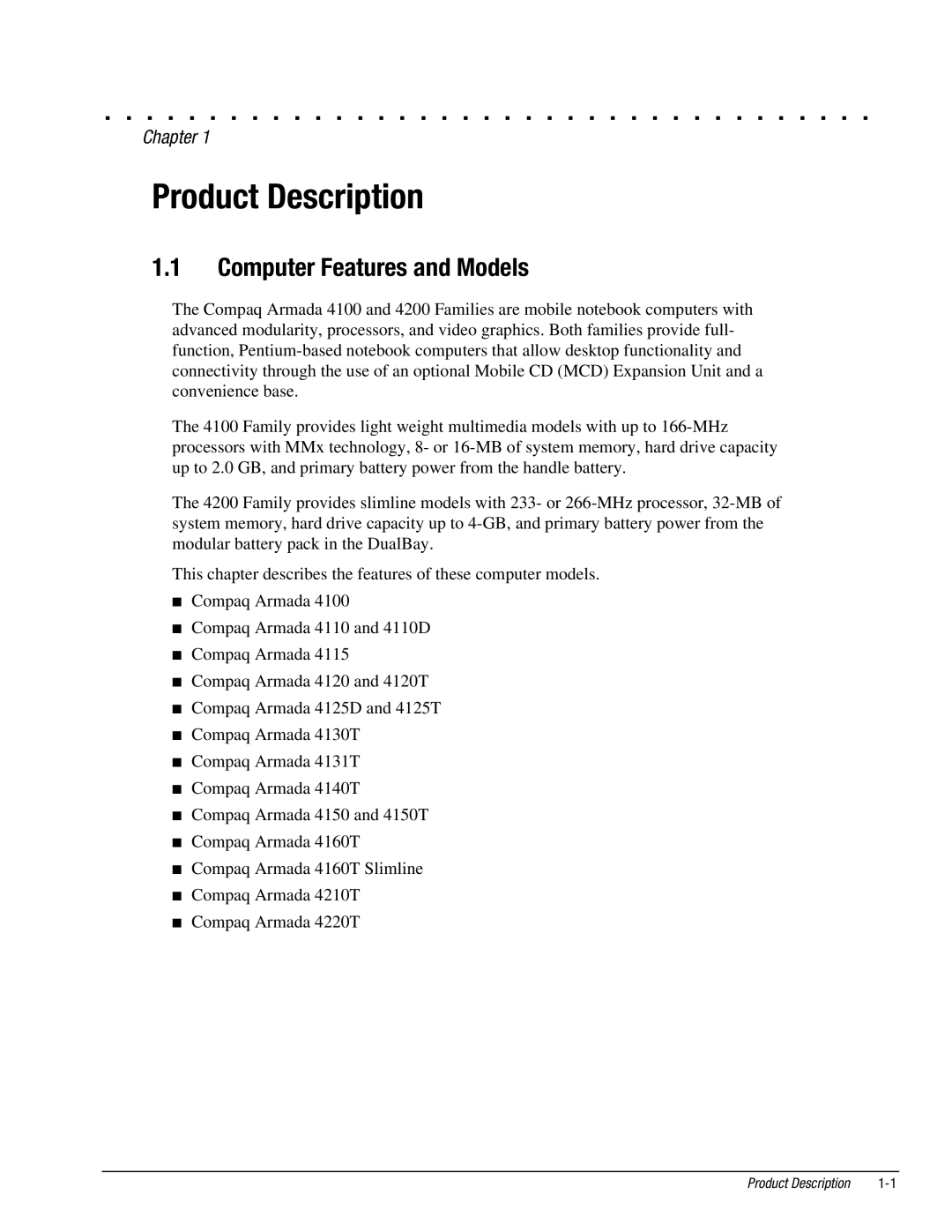 Compaq 4130T, 4150T, 4140T, 4131T, 4200, 4125T, 4160T SLIMLINE, 4125D, 4115, 4120T Computer Features and Models, Chapter 