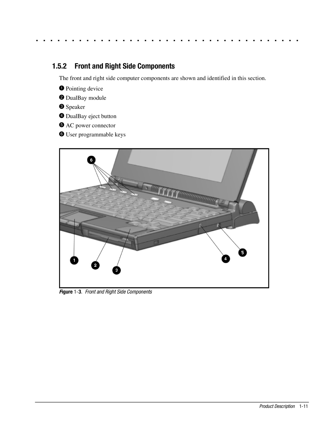 Compaq 4125T, 4130T Front and Right Side Components, Pointing device 2 DualBay module 3 Speaker 4 DualBay eject button 