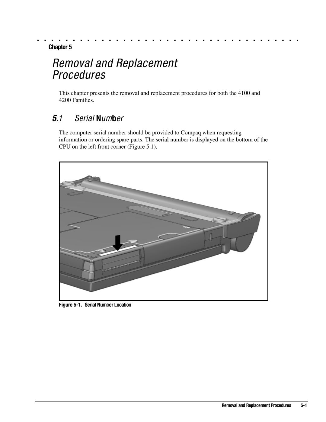 Compaq 4125T, 4130T, 4150T, 4140T, 4131T, 4200, 4160T SLIMLINE Removal and Replacement Procedures, Serial Number, Chapter 