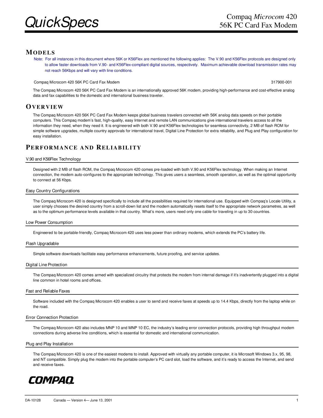 Compaq 420 manual Odels, Verview, Performance and Reliability 