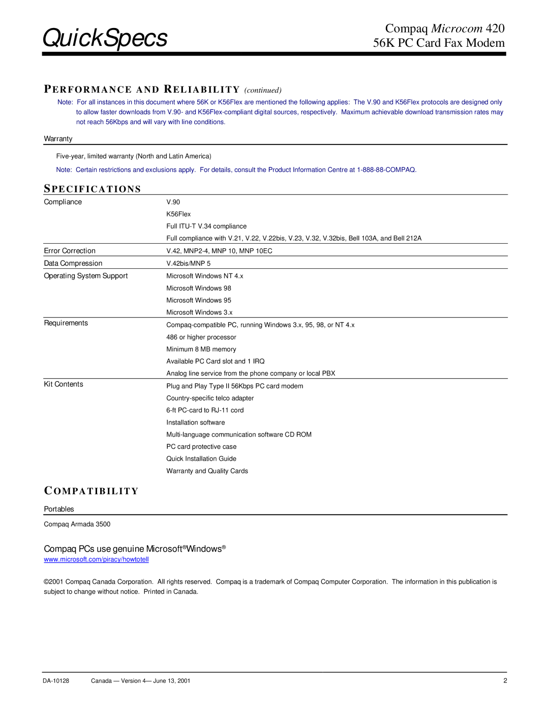 Compaq 420 manual Pecifications, Ompatibility 