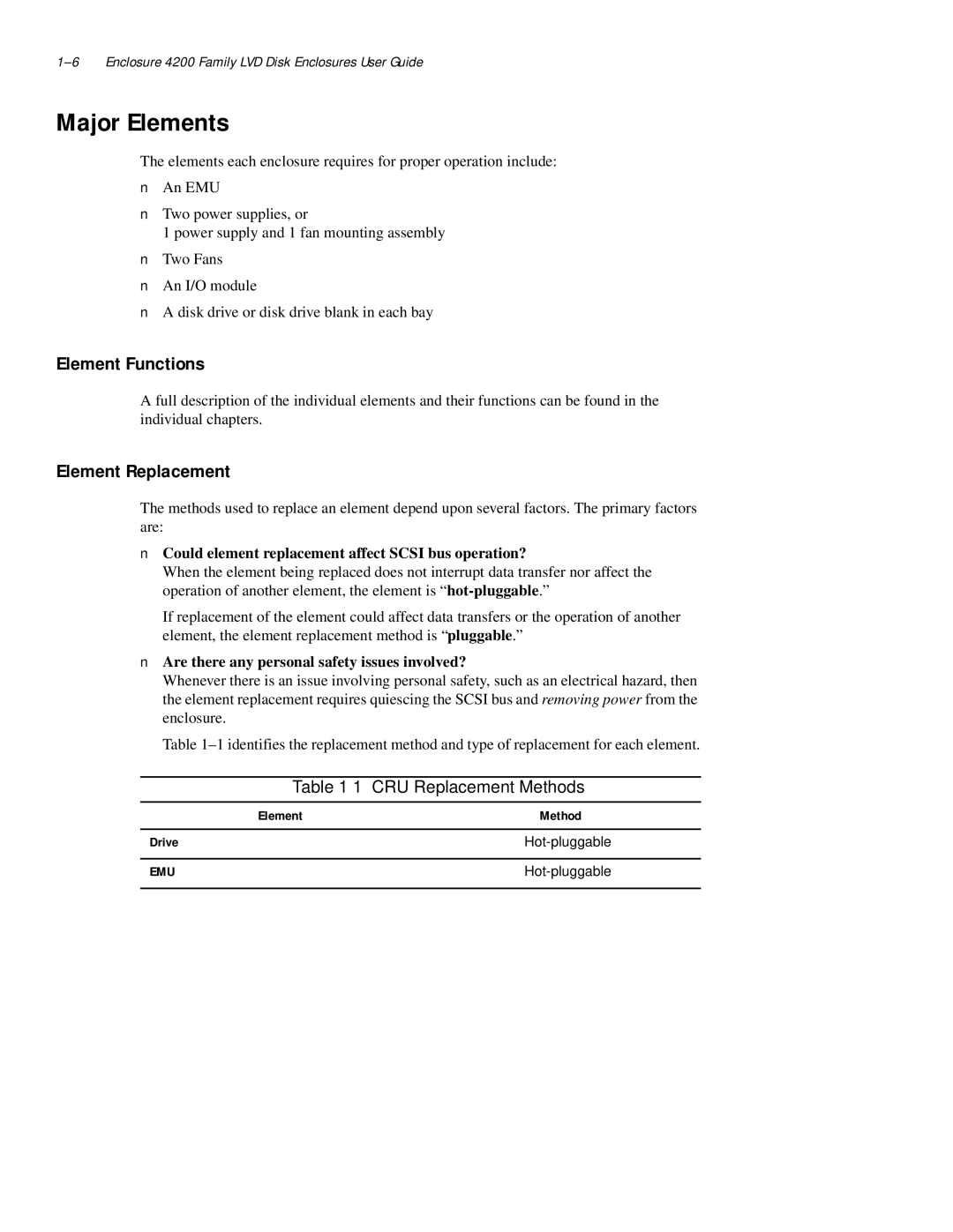 Compaq 4200 Family manual Major Elements, Element Functions, Element Replacement, CRU Replacement Methods 