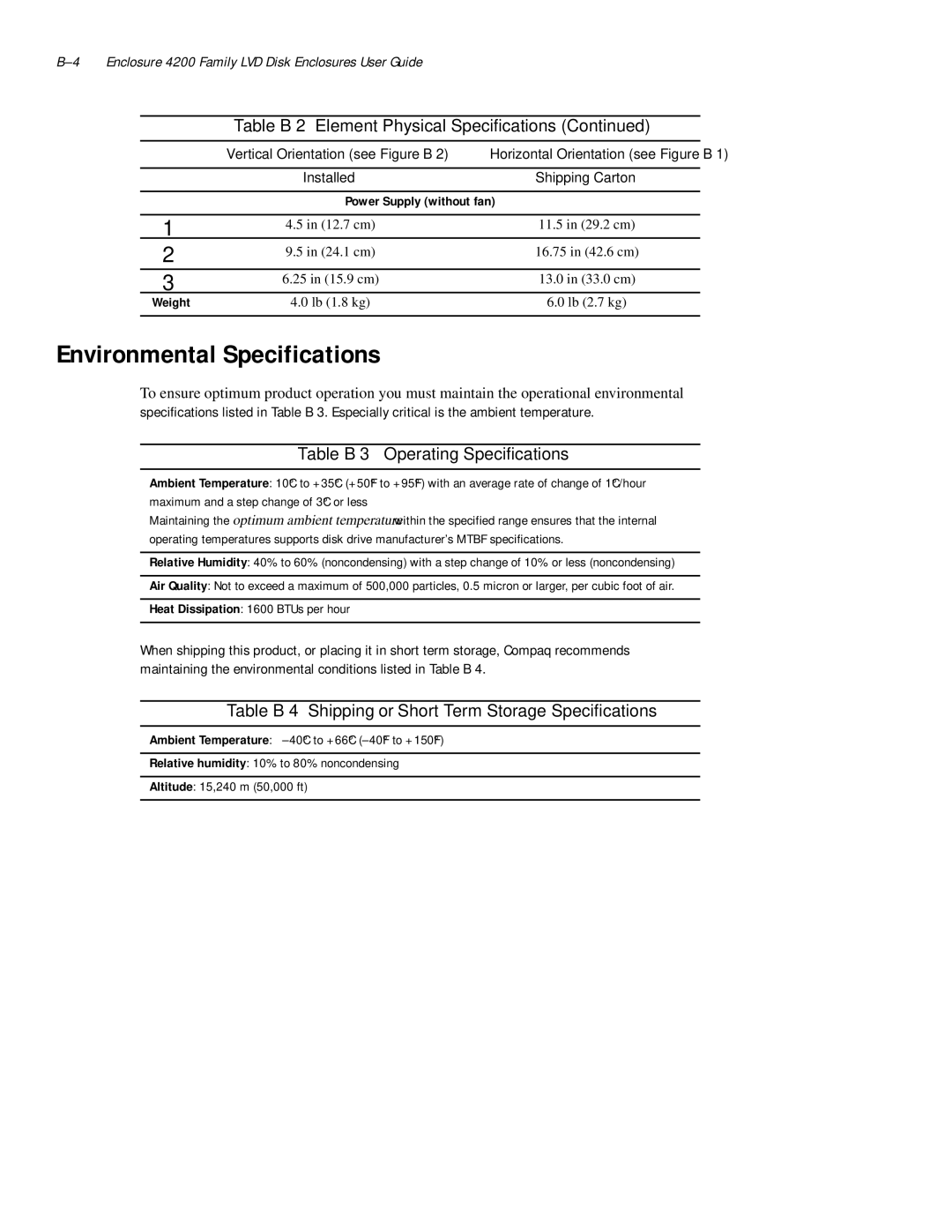 Compaq 4200 Family manual Environmental Specifications, Table B-3 Operating Specifications, Power Supply without fan 