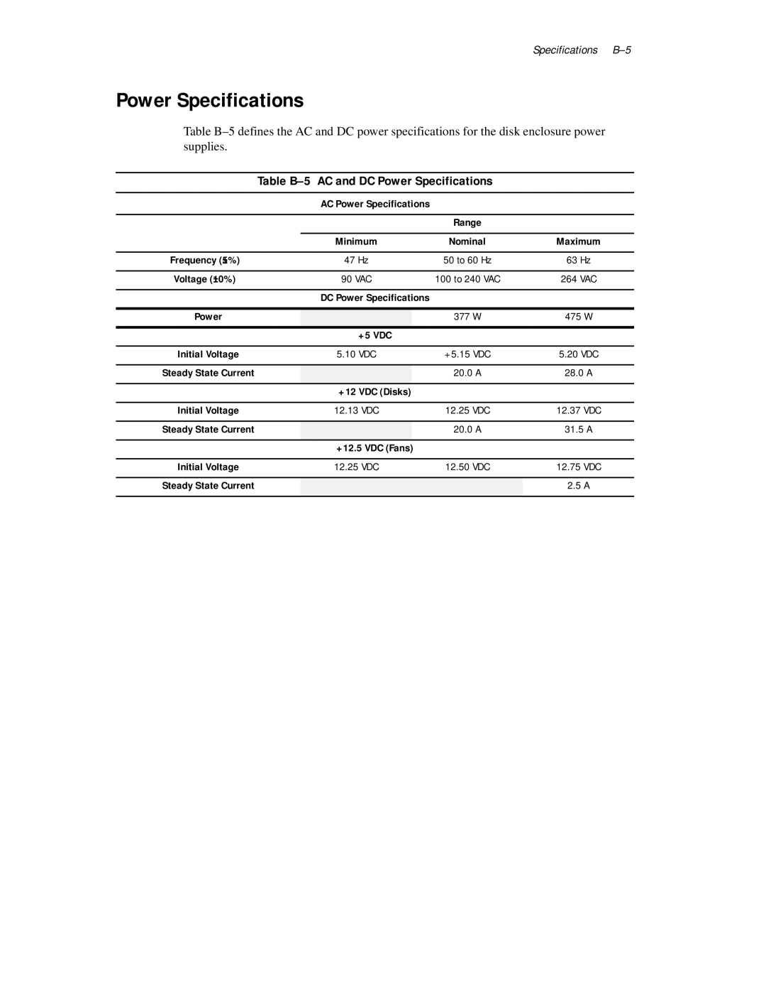 Compaq 4200 Family manual Table B-5 AC and DC Power Specifications, AC Power Specifications 