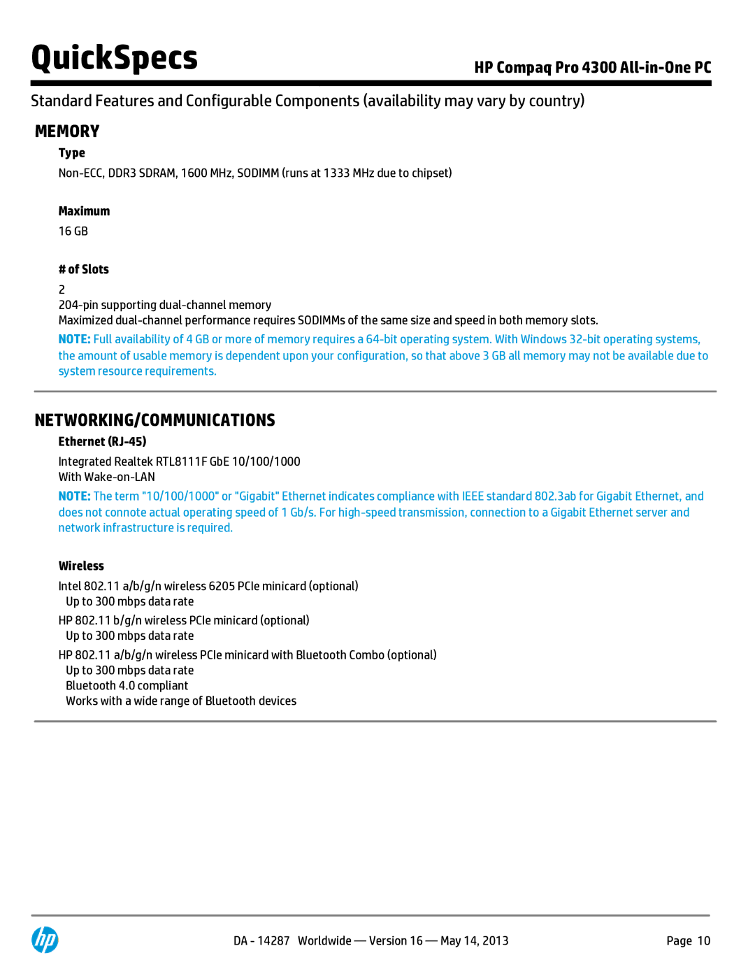 Compaq 4300 manual Memory, Networking/Communications 